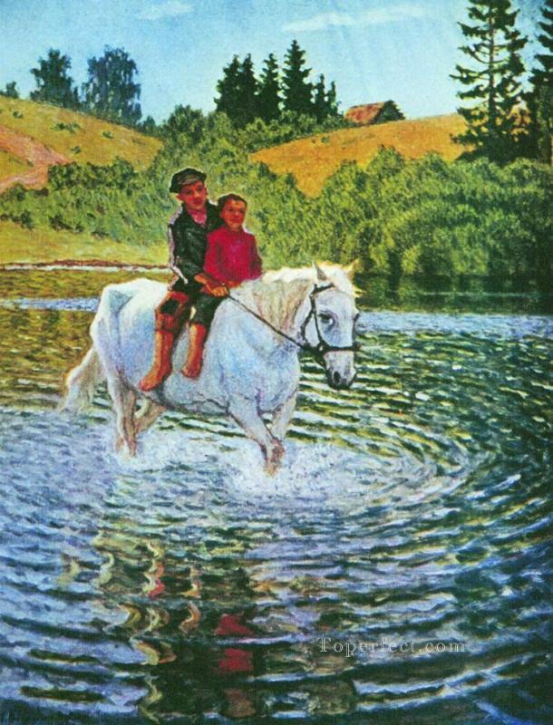 馬に乗った子供たち ニコライ・ボグダノフ・ベルスキー 子供 動物 ペット油絵